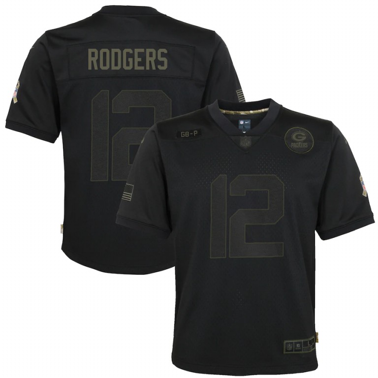 NFL Green Bay Packers #12 Aaron Rodgers Nike Youth 2020 Salute to Service Game  Black jerseys
